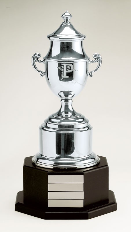 Fine pewter trophy cup & lid on pewter base - 16 1/2" ht.