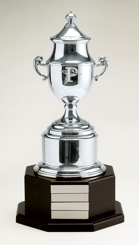 Fine pewter trophy cup & lid on pewter base - 14 1/2" ht.