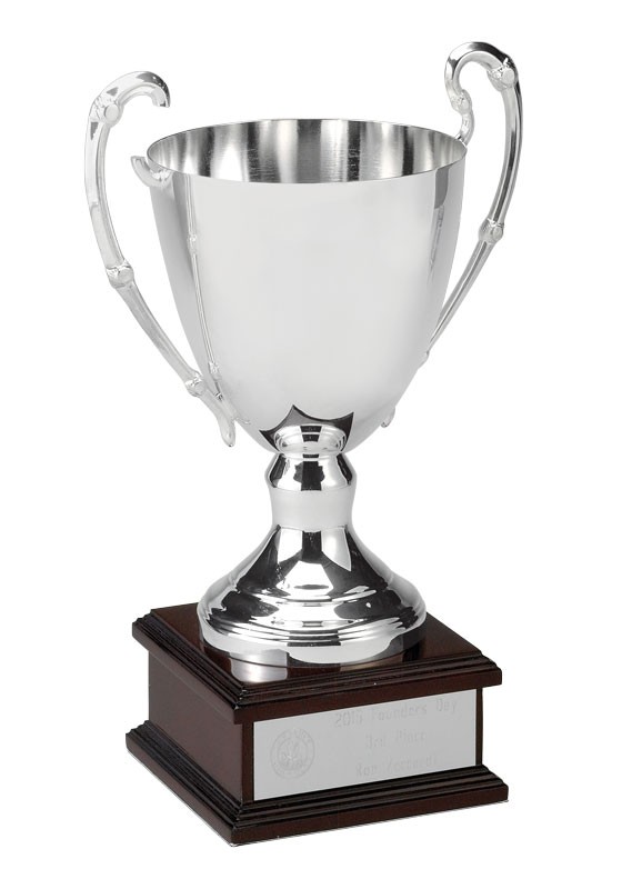 Silverplated trophy cup on rosewood base - 11 3/4” ht
