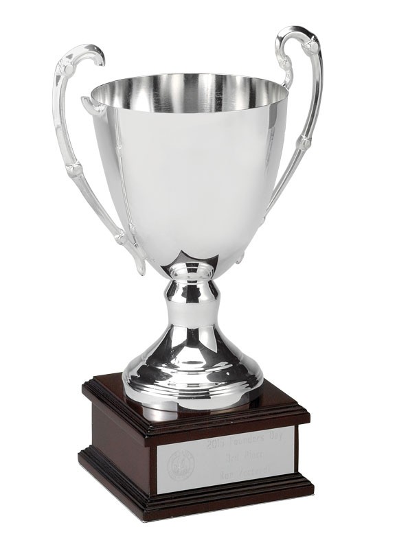Silverplated trophy cup on rosewood base - 8 1/2" ht.
