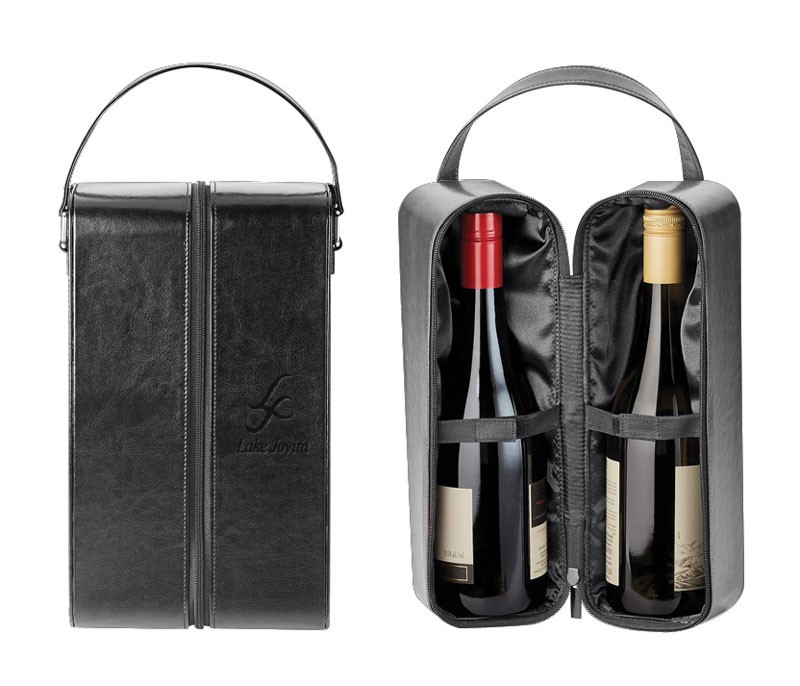 Leatherette dual zippered wine carrier - 7 1/4” w. 16” ht.