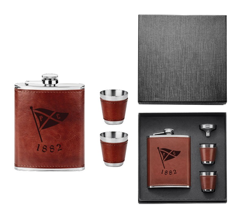 Gift box set of 7 oz. leatherette flask, 2 shot glasses & funnel