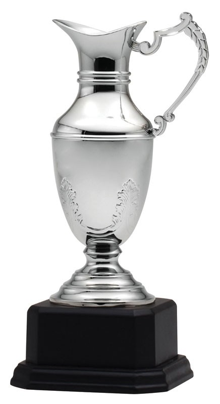 Nickel plated claret jug on wood base - 12 1/2” ht.