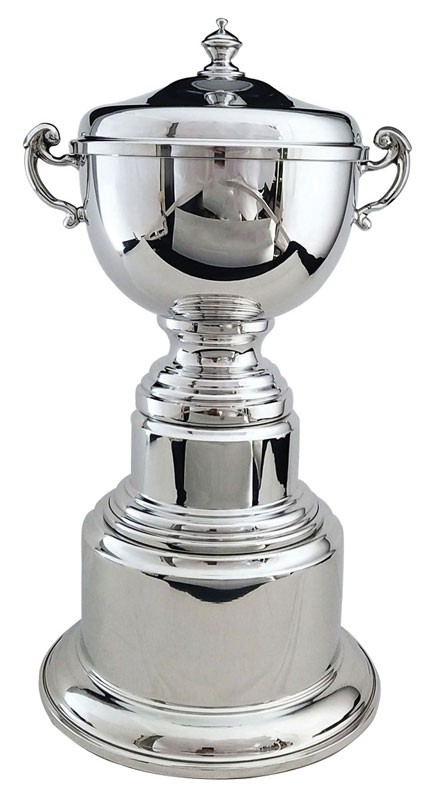 Pewter trophy cup with cover on pewter base - 20” ht.