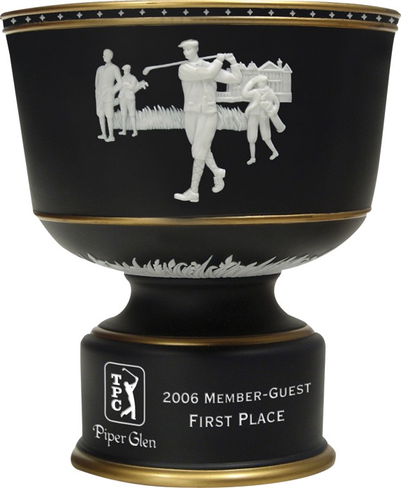 Charcoal  gray ceramic trophy bowl with vintage male golf scene - 9 1/2" ht. x 8 1/2" dia.