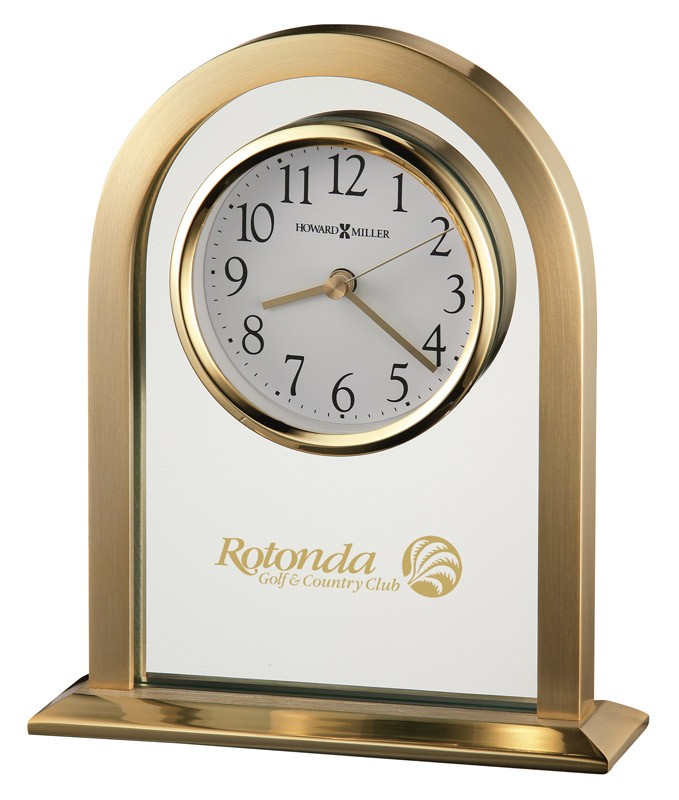 Brushed & polished brass-tone arch clock with glass center panel, floating dial & quartz movement - 7 1/2" h. x 6 1/4" w.