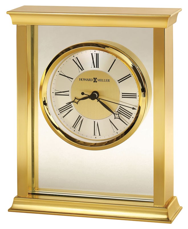 Brass oval table clock with glass center & quartz battery - 7 1/4" h. x 6" w.