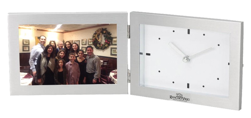Brushed aluminum analog clock & picture frame - holds 4" x 6" photo