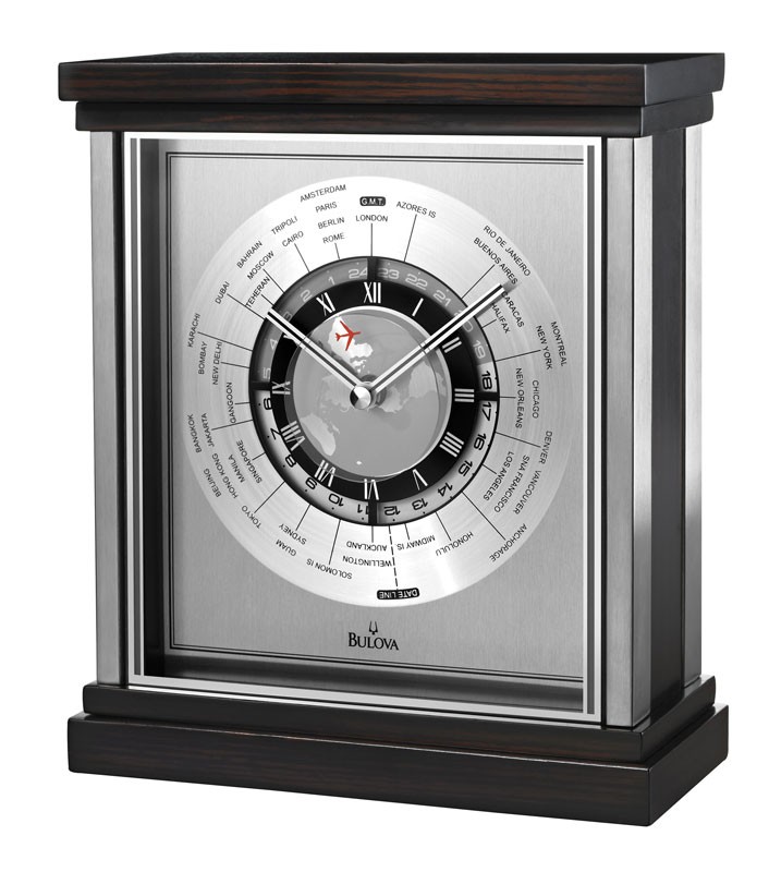 World time clock in wood case with stainless steel trim - 9” x 7 3/4”
