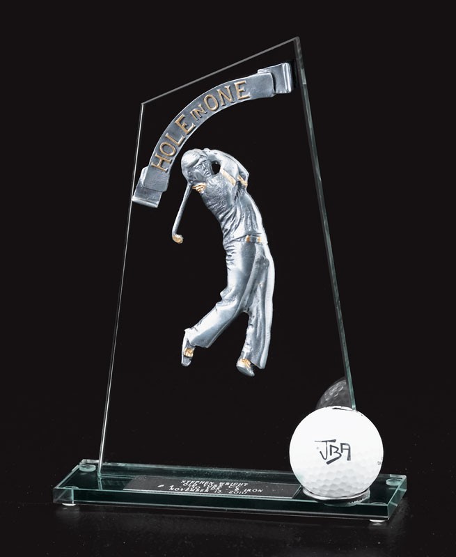 Jade glass hole-in-one award with pewter male golfer - 8 1/2" ht.