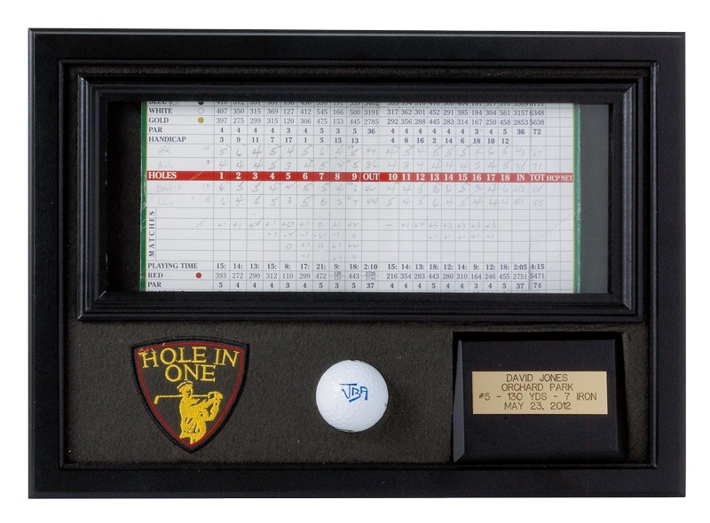 Black wood hole-in-one shadow box holds 12" x 4" scorecard & ball (ball not included) 15 1/4" x 11"