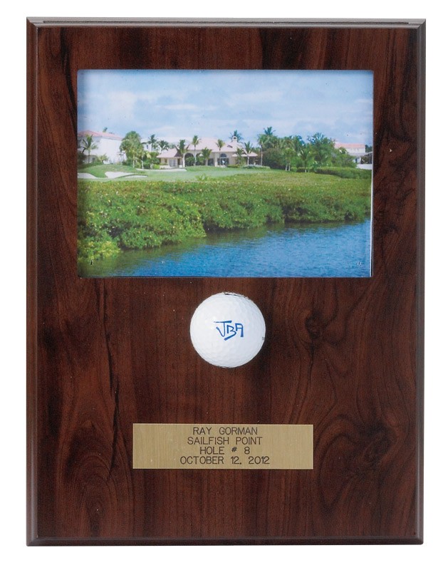 Wooden hole-in-one plaque holds 5" x 7" photo and ball (photo & ball supplied by customer) 9" x 12"