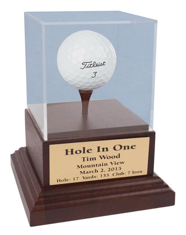 Cherry stained walnut hole-in-one award with wood tee & acrylic cover - 4” x 5 1/2"