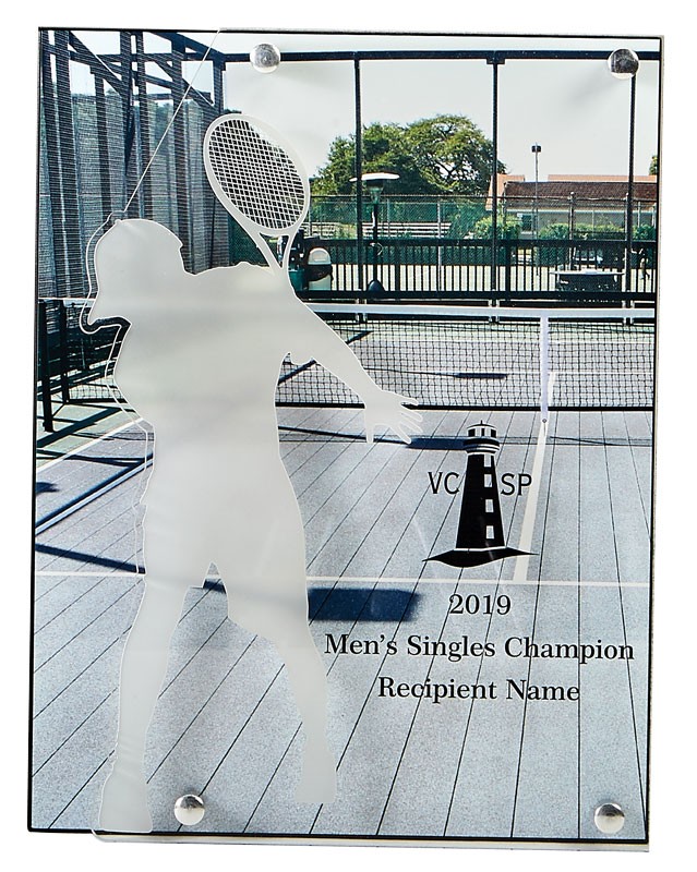 Lasered cutout of male or female tennis player on acrylic overlay - 8 1/2" w. x 11" ht.