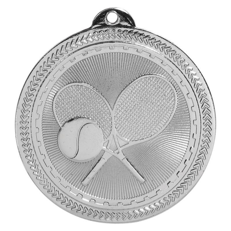 Silver 2” tennis design medal with lasered copy & ribbon