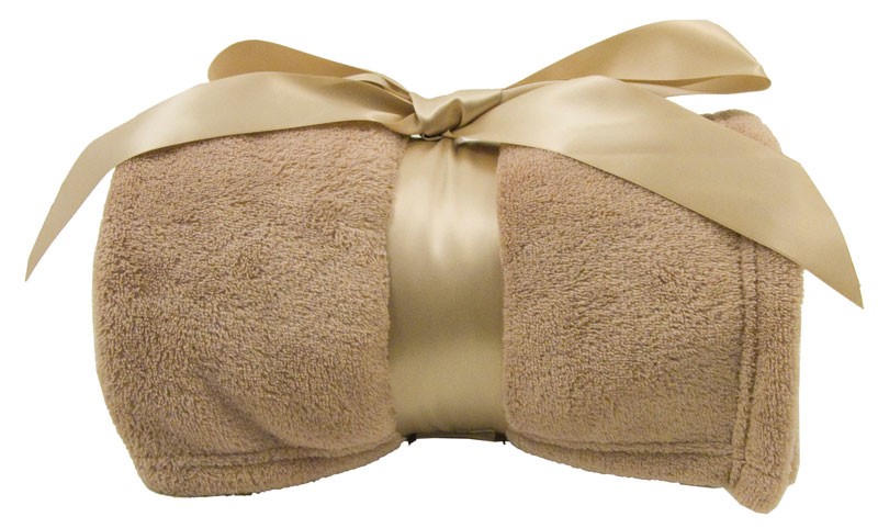 Embroidered luxury plush blanket-packaged with a satin ribbon - 42" x 60" - Includes up to 10,000 stitches. Available in tan (as shown), red, navy, vanilla, brown, hunter green, black, grey, purple, pink and sage green