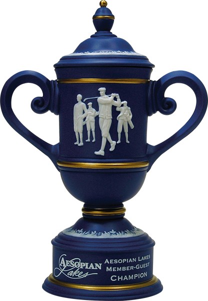 Titanium blue ceramic trophy cup with vintage male golf scene - 14" ht