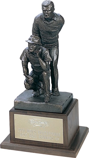 Antique bronze finished male golf partners sculpture on walnut base - 12"