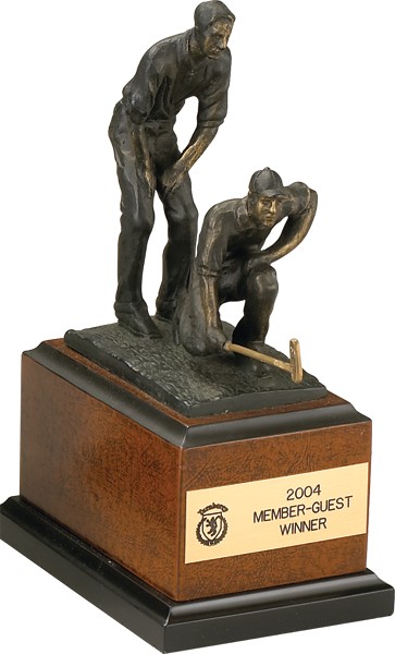 Bronze male golf partners sculpture on burl wood base - 8 1/2"