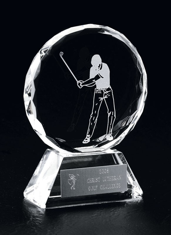 Optical crystal round award with etched male golfer -  5 3/4" ht.