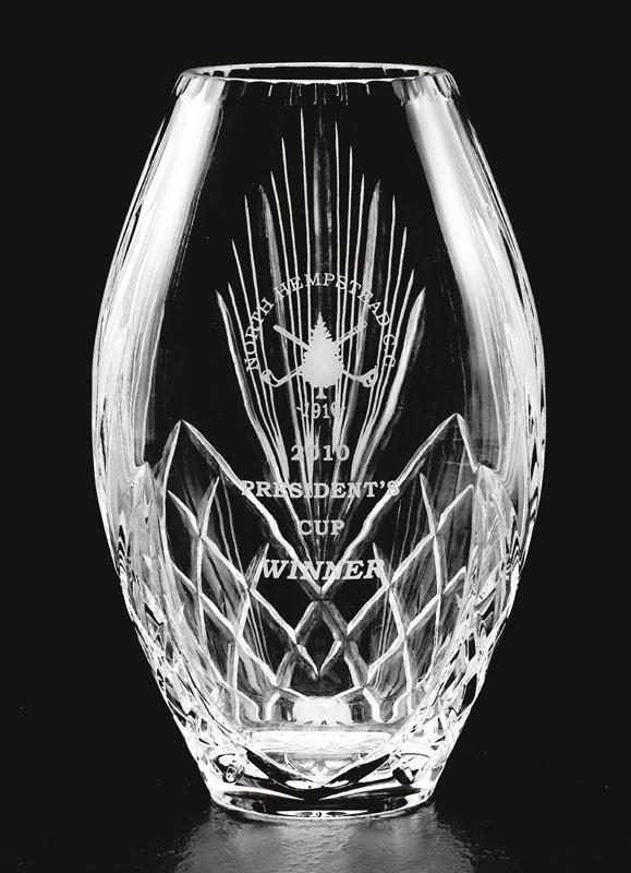Etched crystal barrel vase - 10" ht.