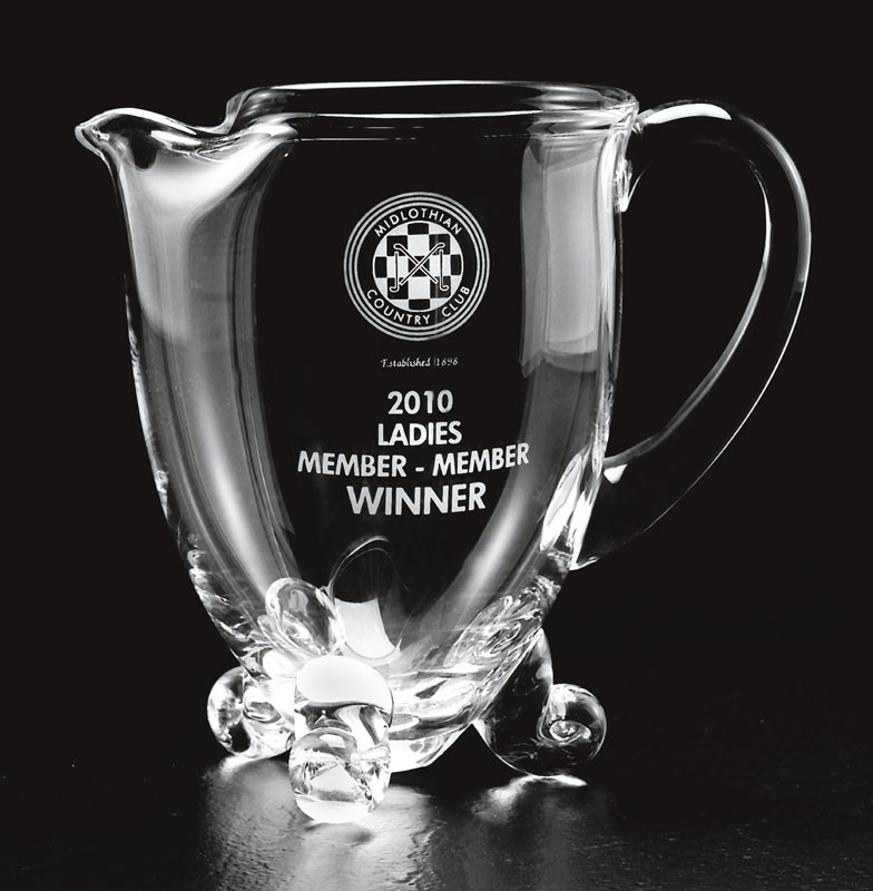 Etched glass footed pitcher - 36 oz. - 6 1/2" ht.