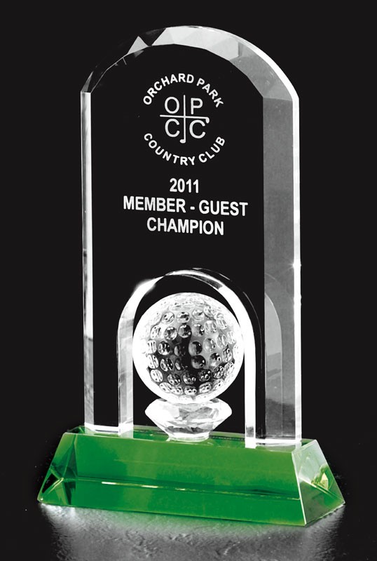 Etched optic crystal dome shaped golf award on green crystal base - 8 3/4" ht.