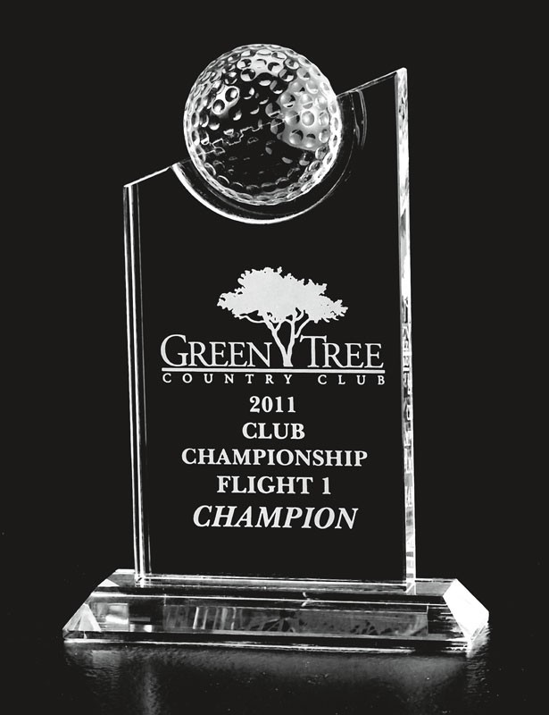 Etched optic crystal award with golf ball - 7 1/4" ht.