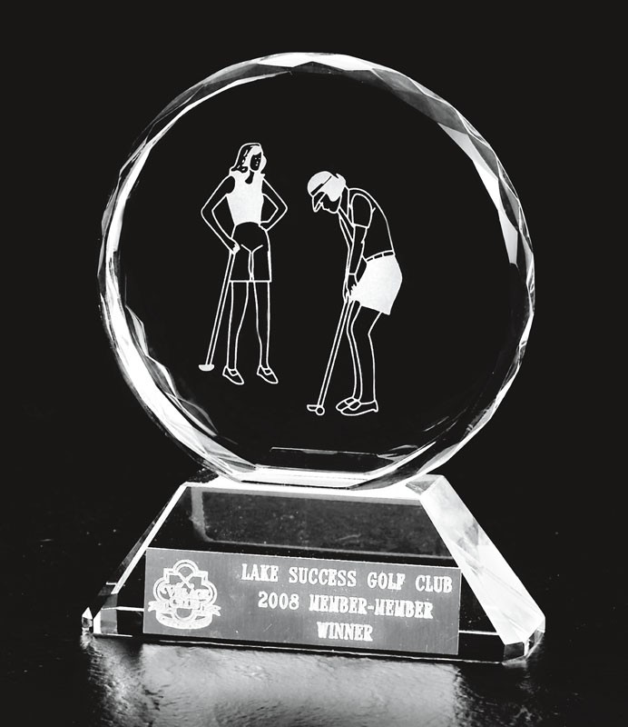 Optic crystal round award with etched female golf partners - 6 3/4" ht.