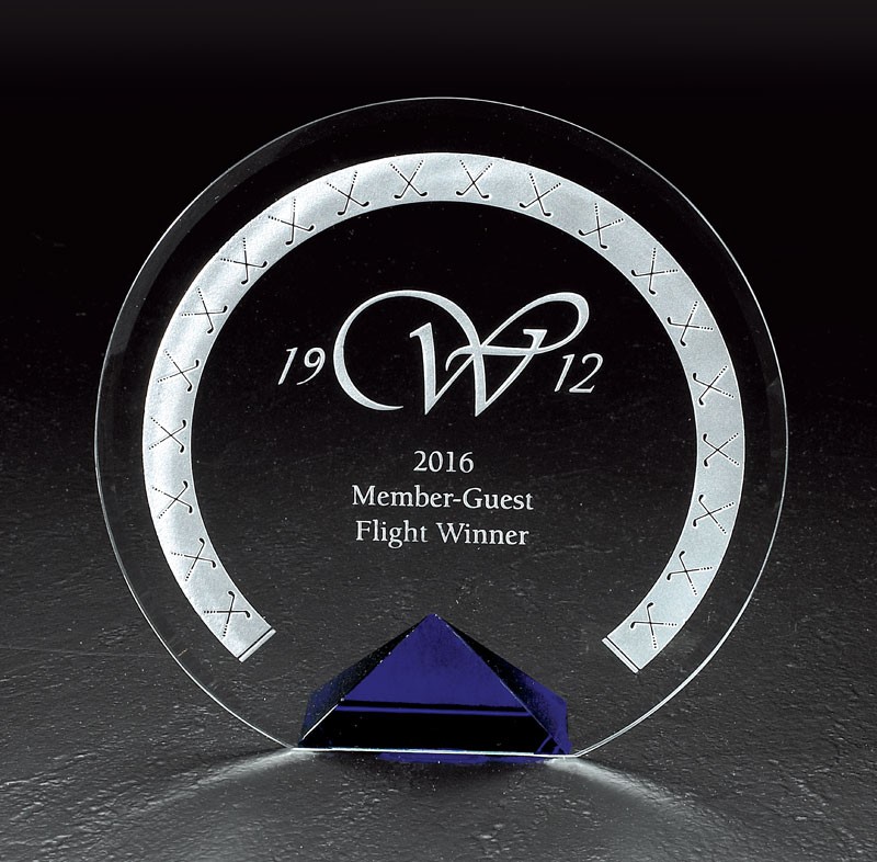 Etched crystal circular award with frosted golf club design - 6 1/2" ht.