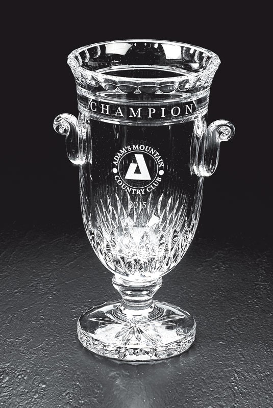Etched hand cut lead crystal trophy cup with type around the top - 10" ht.