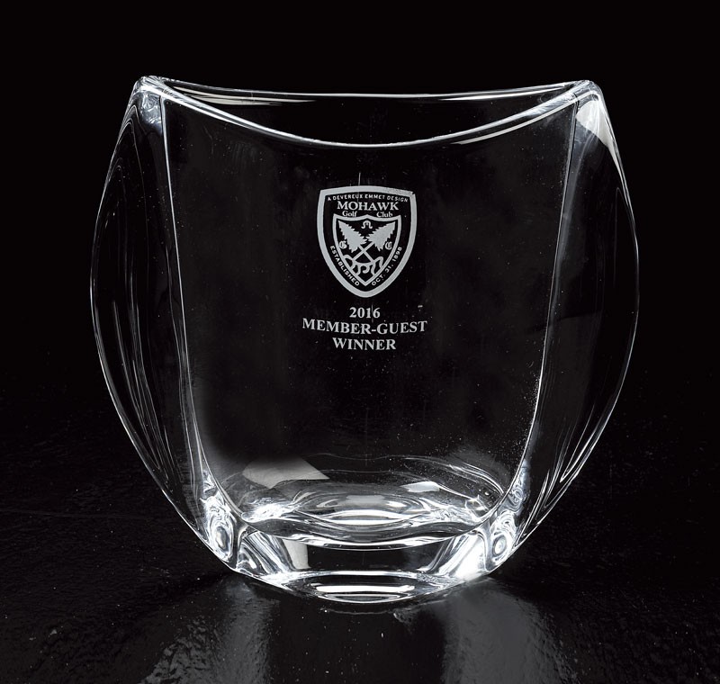 Etched European glass oval shaped vase - 7" ht.