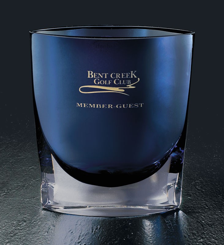 Etched hand blown oval vase in midnight blue - 10" ht.