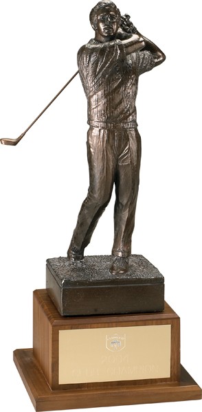 Antique bronze finished male golfer swinging on walnut base - 18" ht.