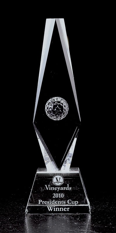Etched optic crystal diamond tower with golf ball - 9 1/2" ht.