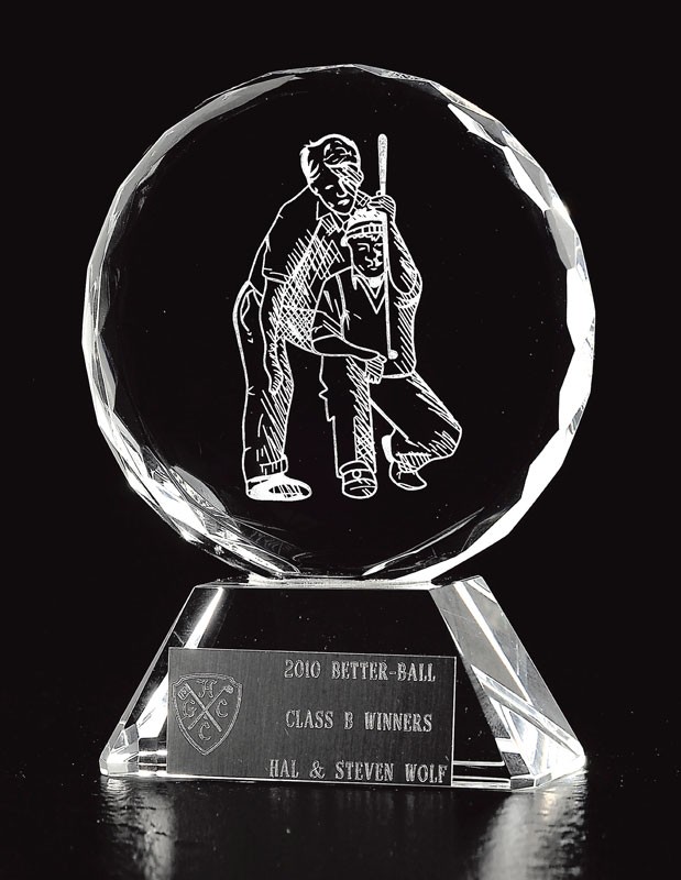 Optical crystal round award with etched male golf partners - 5" ht.