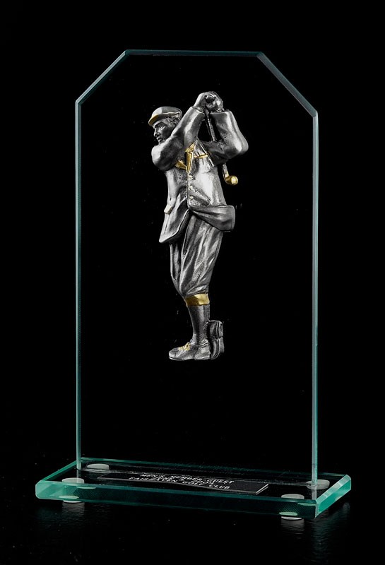 Jade glass award with pewter vintage male golfer - 8" ht.
