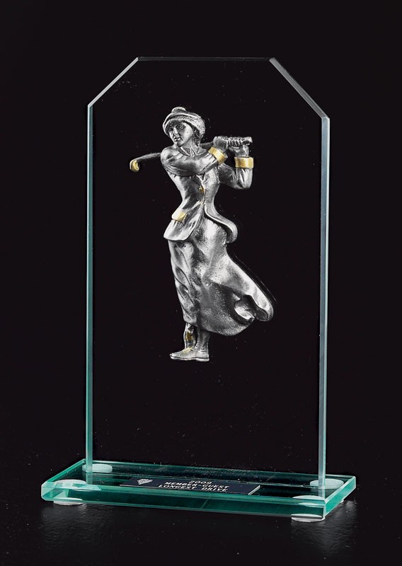 Jade glass award with pewter vintage female golfer - 6" ht.