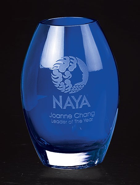 Etched cobalt blue crystal barrel vase - 8" ht.