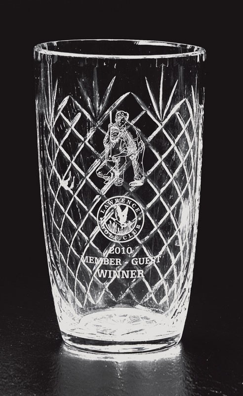 Etched full lead cut crystal vase with etched partners, logo & copy - 7 3/4" ht.