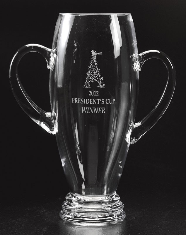 Etched non-lead crystal trophy cup with handles - 12" ht.
