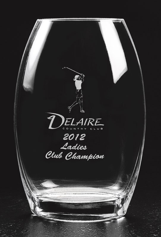 Etched non-lead crystal vase with choice of etched female or male golfer or male, female or mixed partners and logo and copy - 10 1/4" ht.