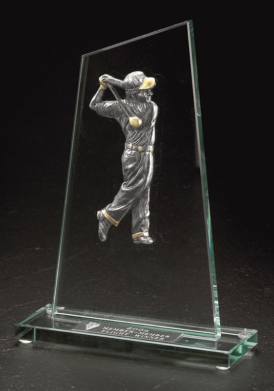 Jade glass peaked award with pewter male golfer - 9" ht.