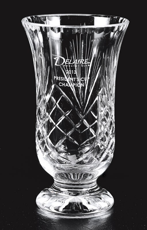 Etched lead cut crystal vase on pedestal base - 10" ht.