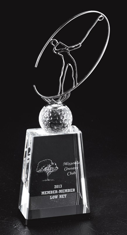 Etched optic crystal award with metal figure of golfer on crystal ball - 12" ht.