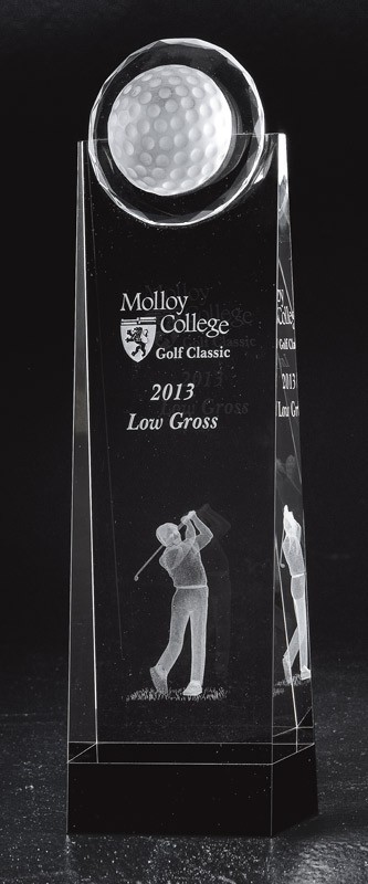 Etched clear & black optic crystal tower with golf ball & lasered figure of male golfer - 11 1/4" ht.