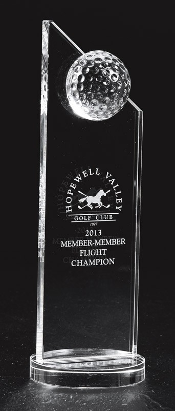 Etched optic crystal tower with golf ball - 7" ht.
