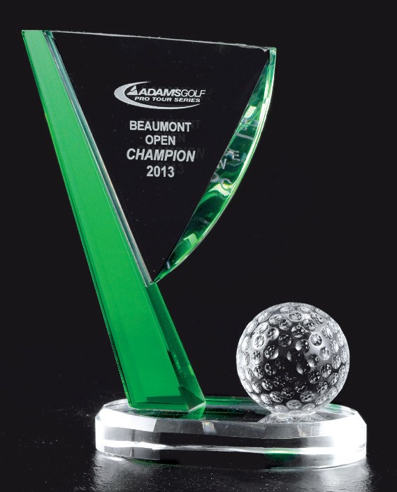 Etched clear & green optic crystal award with flag & ball - 4 1/2" w. x 5 1/2" ht.