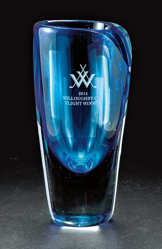 Etched art glass clear & blue vase - 9" ht.
