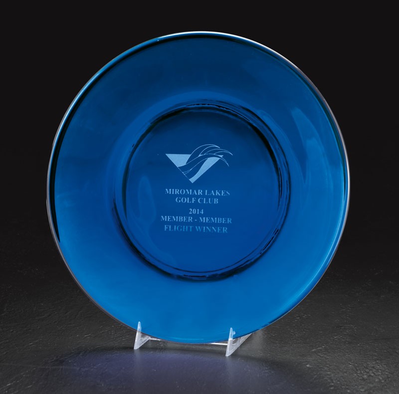 Etched cobalt blue glass plate - 6" d.